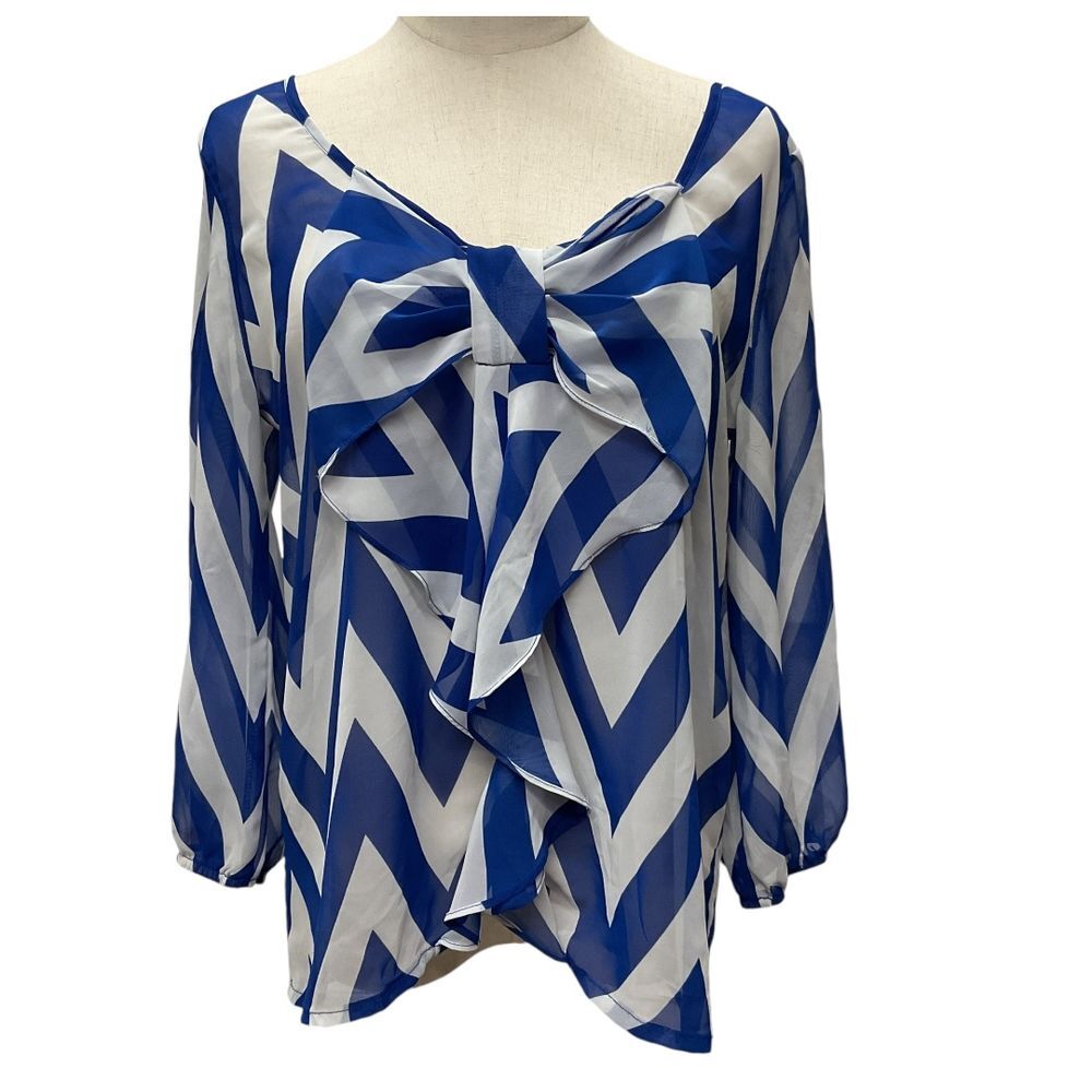 Moonlight Women's Chevron Print 3/4 Sleeve Blouse Top Blue White Size M